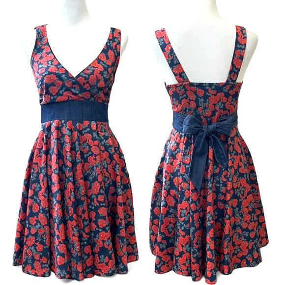 Coconinno Red Floral Fit & Flare Dress with Denim Waist Tie – Size XS - Picture 1 of 11